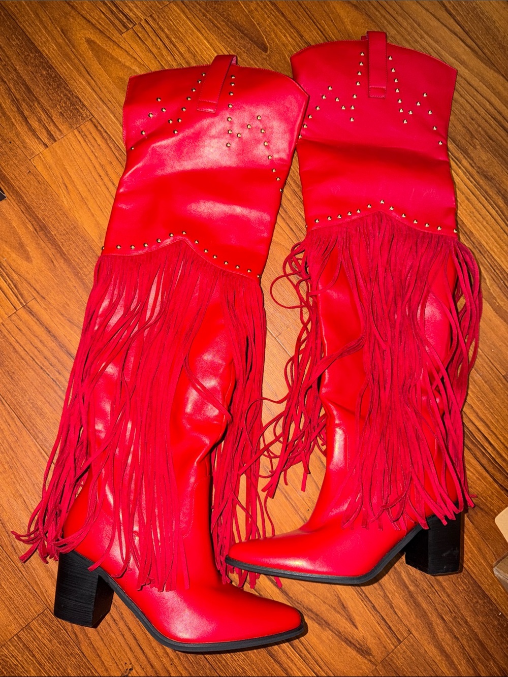 Red Fringe Western Cowgirl Thigh -High Boots